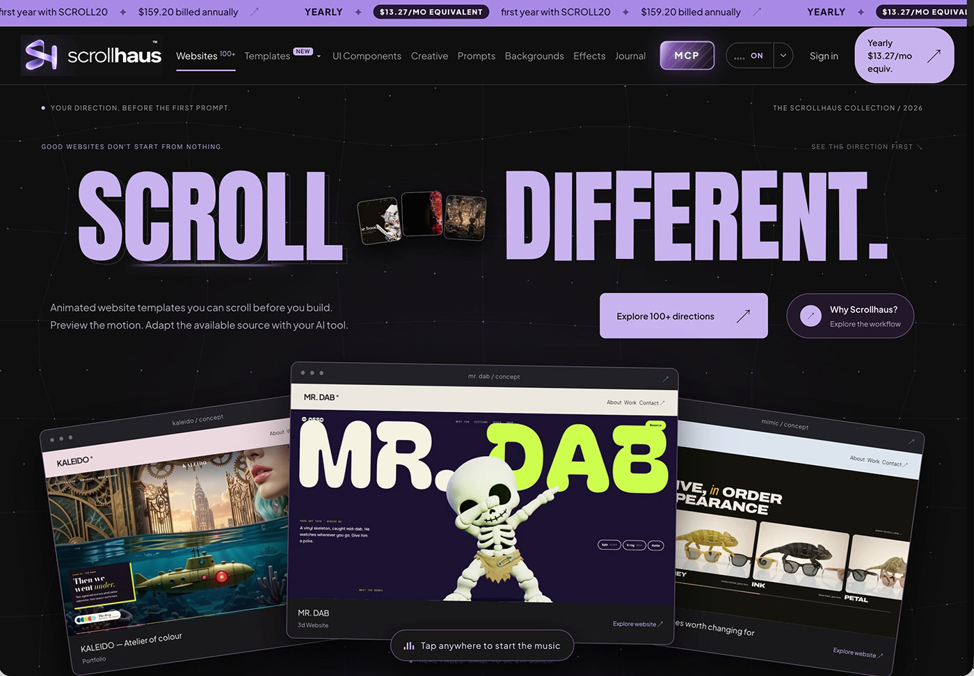 Scrollhaus 公式サイトのトップ画面「SCROLL DIFFERENT.」